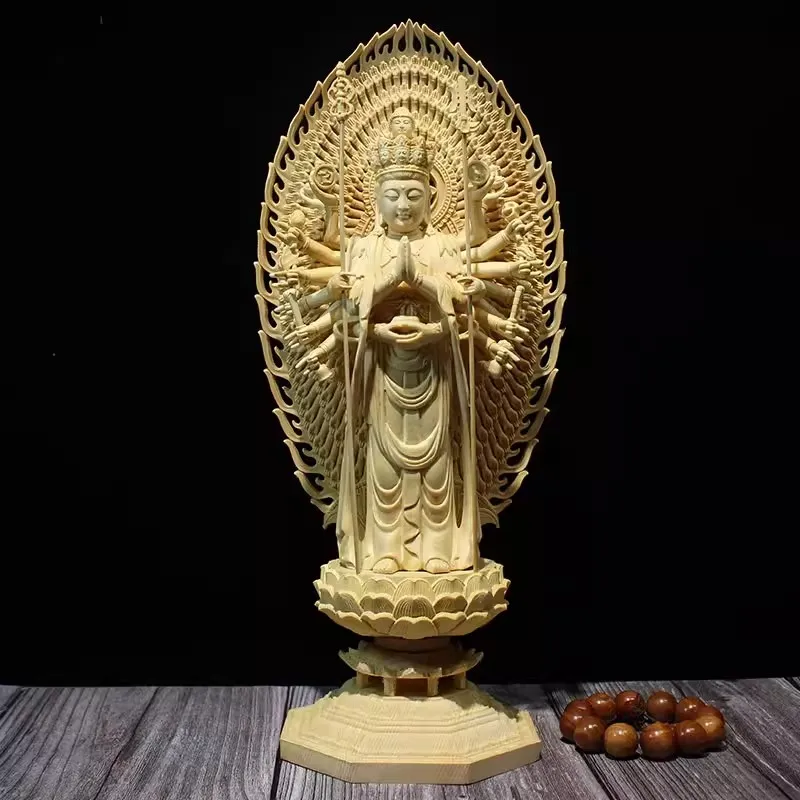 Guanyin à mille bras en bois de hinoki naturel - Sculpture sacrée d'Avalokitesvara, symbole de la compassion suprême et d'un savoir-faire exceptionnel