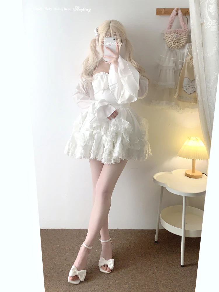 Mini vestido branco lolita para mulheres, mangas de renda com babados em camadas, top de cintura alta, vestido curto sem alças para meninas, japonês