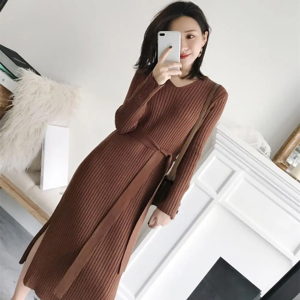 

Women Dress Women Slimming Dress Elegant V-neck Knitted Dresses for Women Slimming Soft Comfortable for Fall Winter