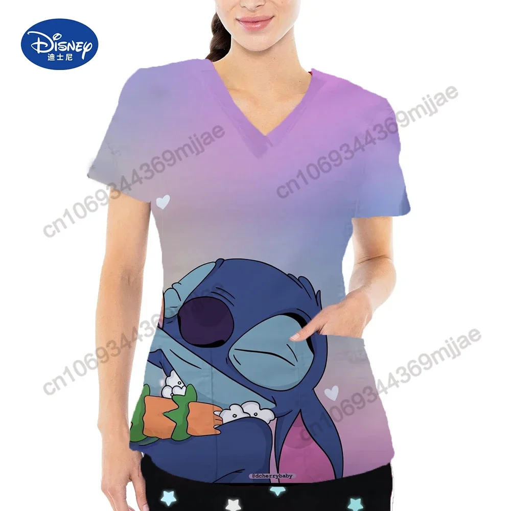 

Женская футболка с принтом из мультфильма Disney, Повседневная Удобная футболка с V-образным вырезом, двумя карманами и коротким рукавом, Новинка лета 2024