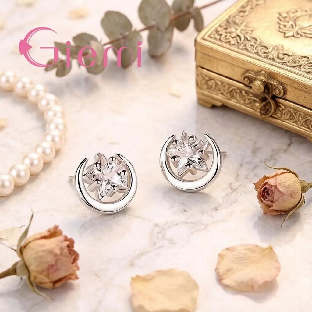 Simple 925 Sterling Silver Moon Star Design Crystal Zircon Stud Earrings for Women Girls Engagement Party Fashion Jewelry Gifts