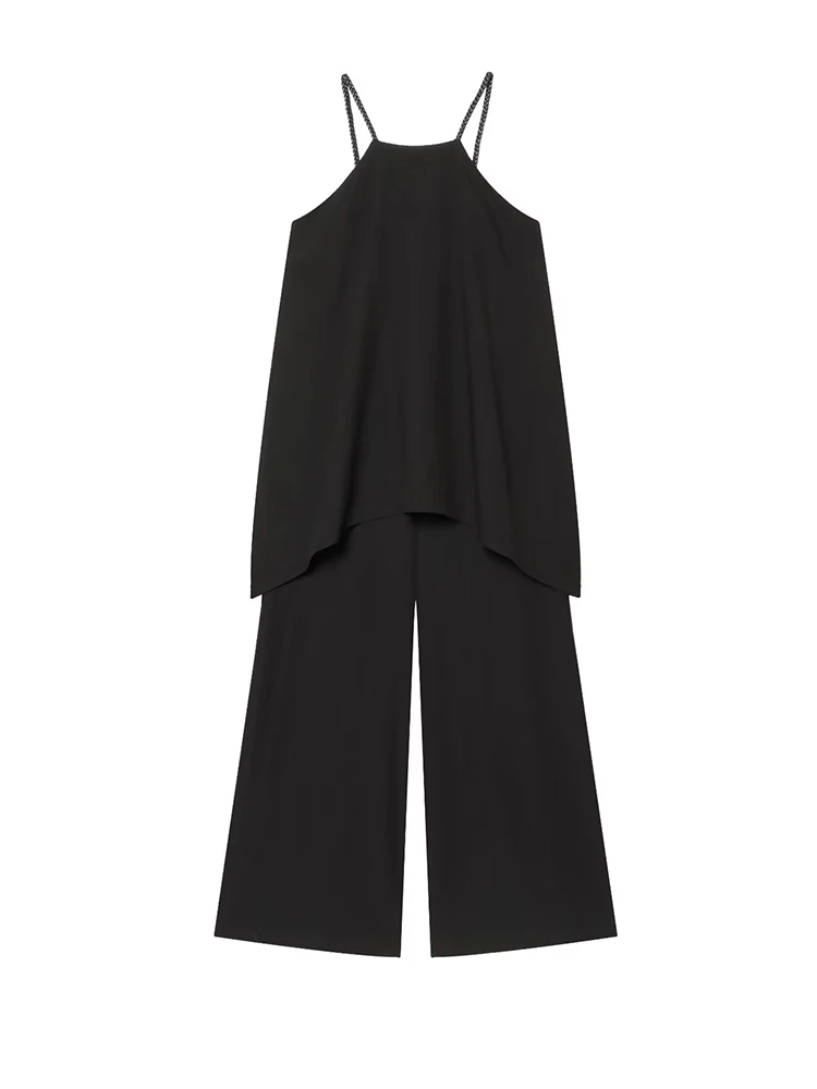 

Summer Layered Braided Spaghetti Strap Jumpsuit Women Loose Sleeveless Wide Leg Overlay Jumpsuits