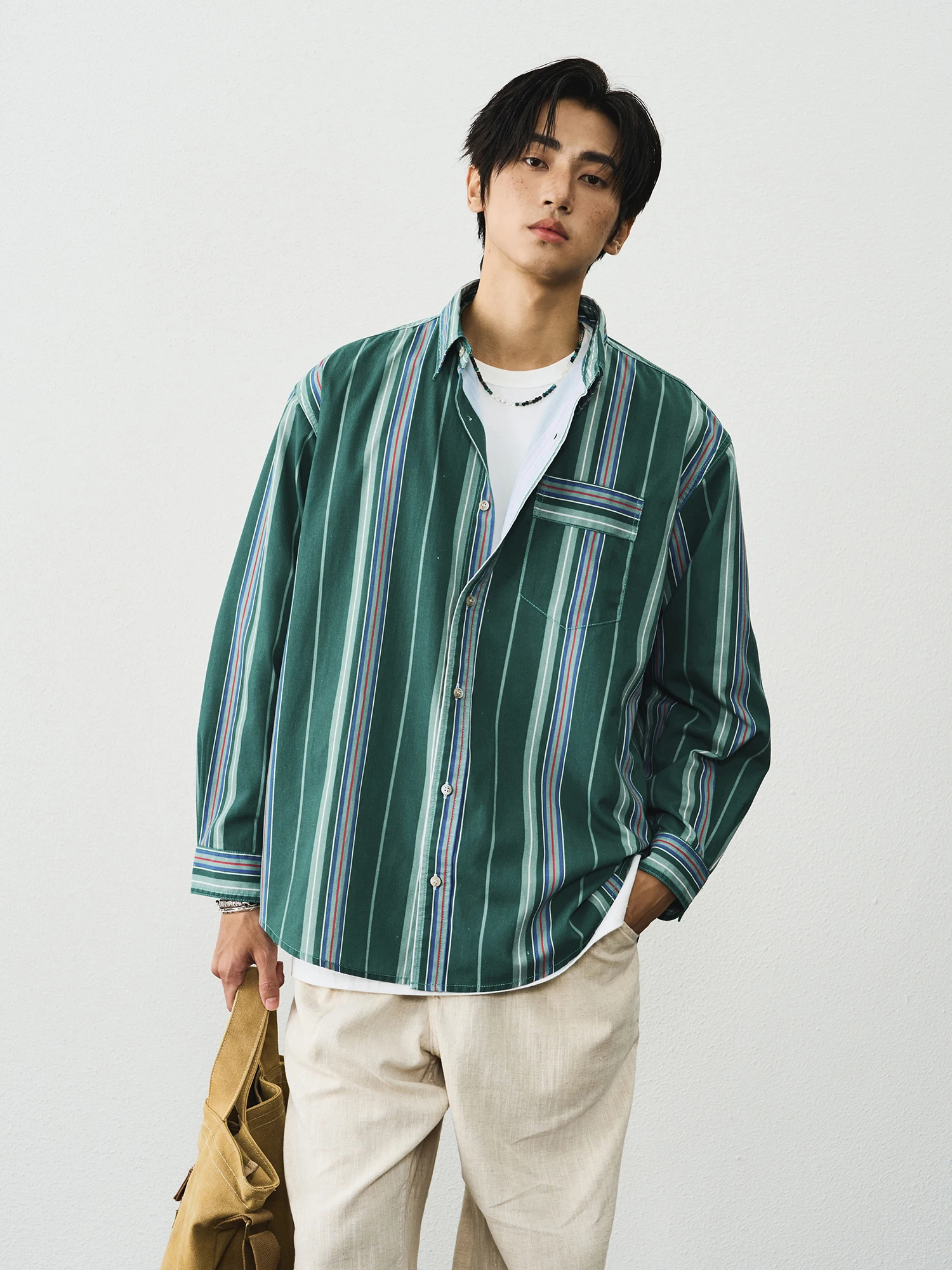 CENLES Vintage Striped Washed Long Sleeve Men's Casual Shirt Loose Fit Autumn City Walk Camping Hiking Date Camping Outdoors