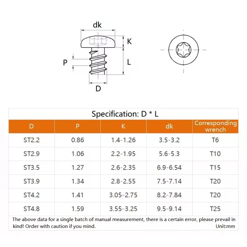 50-100pcs Torx Self Tapping Screw ST2.2-ST4.2 304 Stainless Steel Torx Recess Six-Lobe Round Head Flat Tail Self Tapping Screw