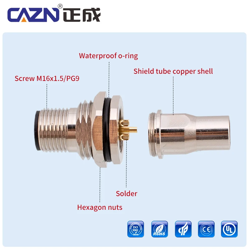 M12 Solder Socket Male Female 2 3 4 5 6 8 12 17 Pin A/B/D M16x1.5 Shielded Tube Copper Shell IP67 for Heavy Equipment & Fieldbus