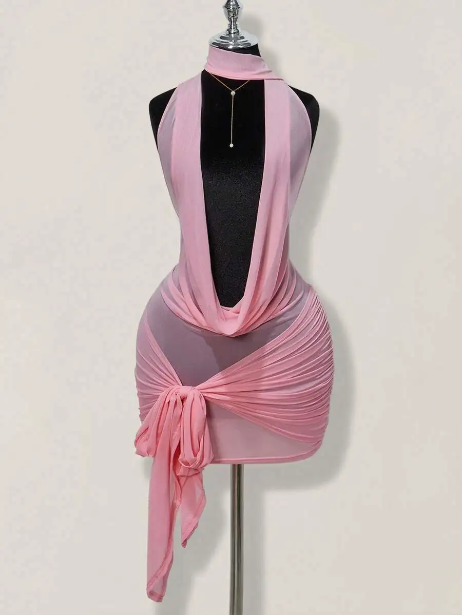

Pink Sheer Draped Halter Neck Ruched Tie-Waist Backless Mini Dress