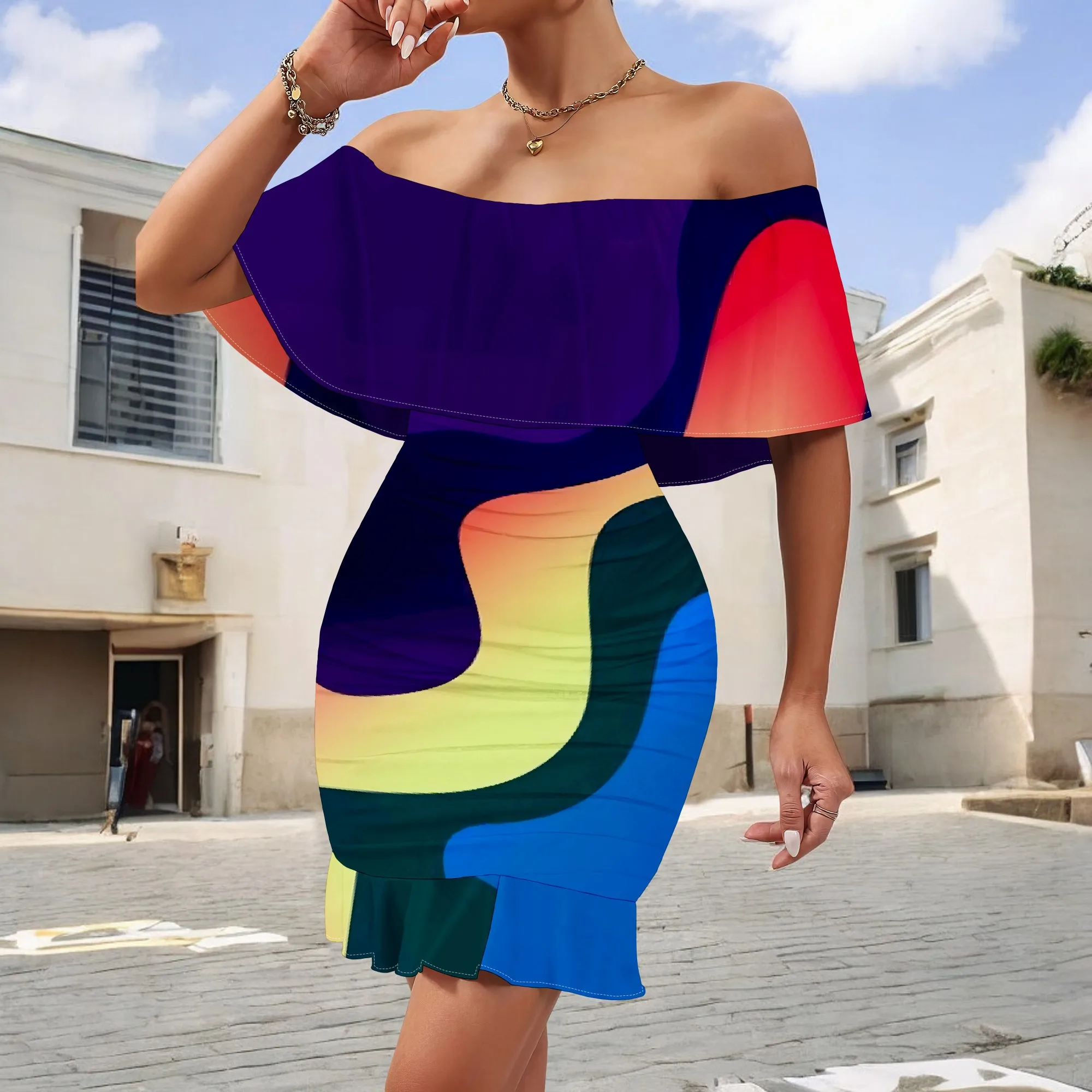 

Rainbow Colorblock Off Shoulder Mini Dress S-3XL Ruffle Overlay Bodycon Style for Pride Parade, Nightclub or Summer Festival