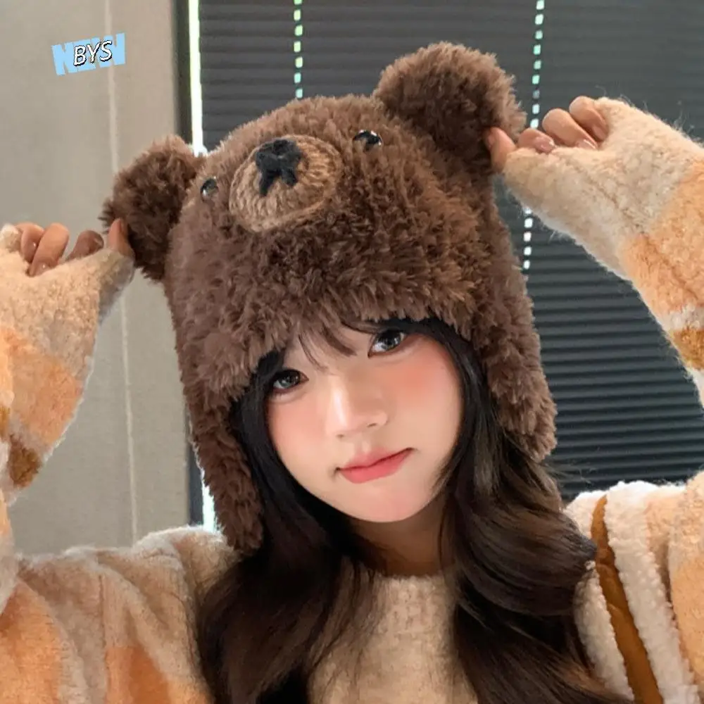 

Soft Korean Style Bear Ear Beanie Plush Keep Warm Pullover Hat Fluffy Ear Protection Knitted Woolen Cap Woman