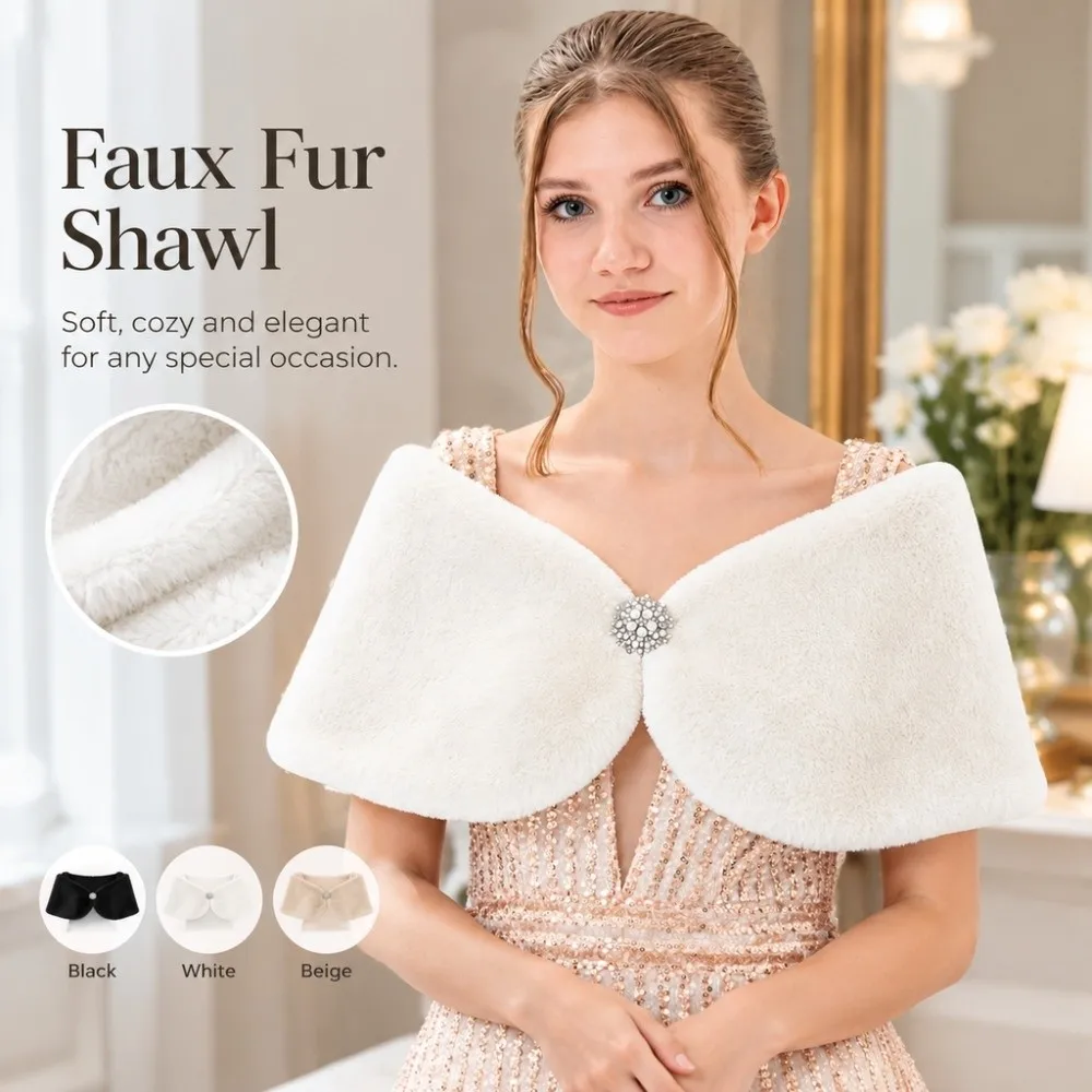 Elegant Soft Faux Fur Shawl Solid Color Handmade Fur Wrap Warm Thermal Shoulder Decorative Party Shawl Wedding Ceremony