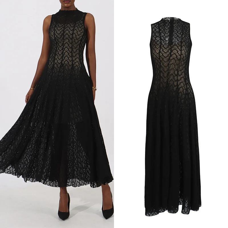 

Summer New Style Knitted Long Dress Women's round Neck Sleeveless High Waist A-Line Dress Texture Feeling Classy Elegant