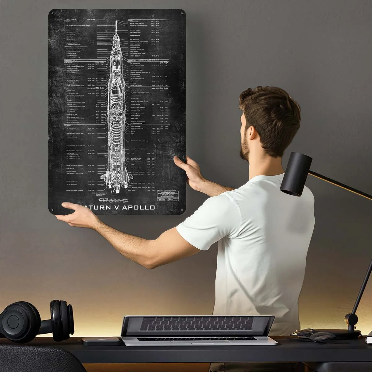 Apollo 11 Saturn V Bluepri Metal Sign Space Poster Gaming Room Decoration Tinplate Sign Plaque for Wall Art Decoration Retro