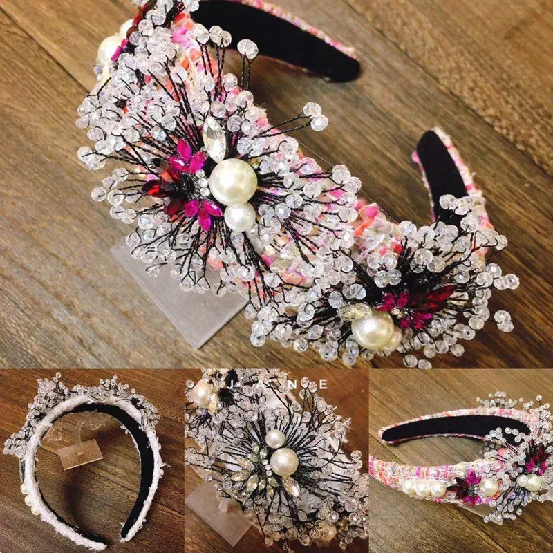 Ins New High-end Paris Fashion Week Rhinestones Headbands Luxury Crystal Hairbands For Women Wide Print Cloth Girls Headwear