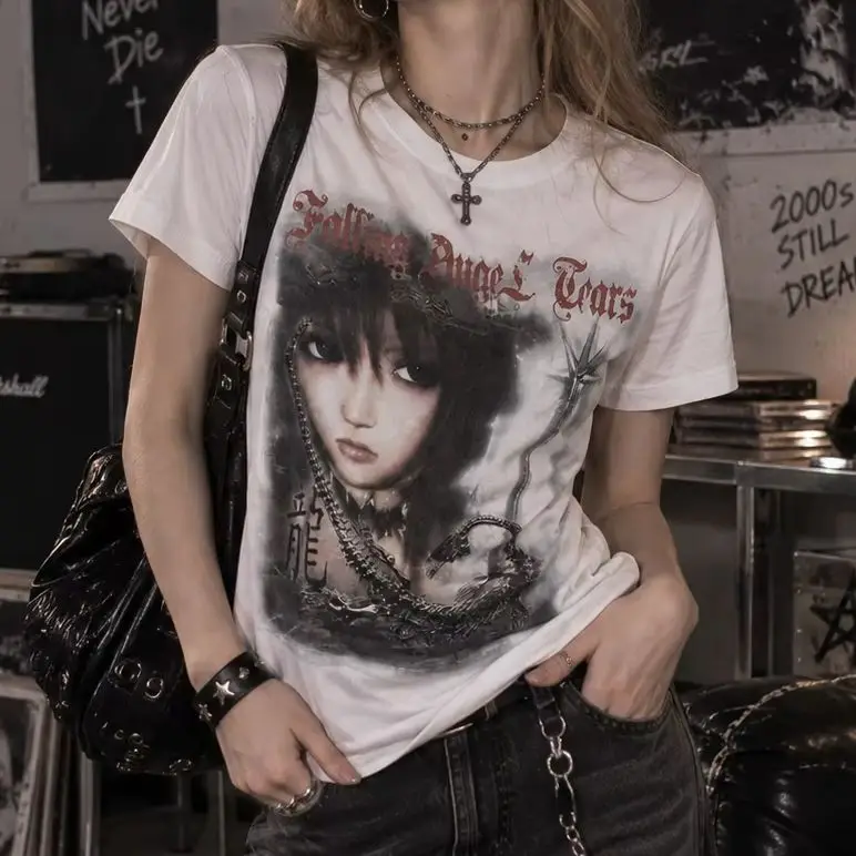 Women's Harajuku funny t shirt Street-Style Emo Short-Sleeve T-Shirt Casual Cutecore Vintage Top for Girls moda feminina