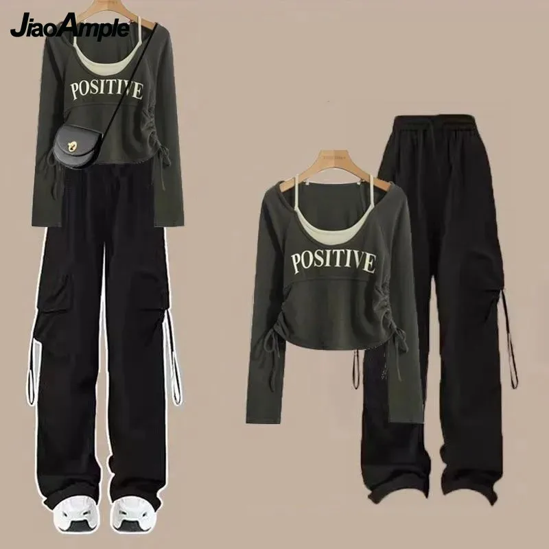 2024 Women Autumn/Winter New Retro Tracksuit Matching Set Korean Elegant Casual Long Sleeve Top+Black Cargo Pants Two Piece Suit