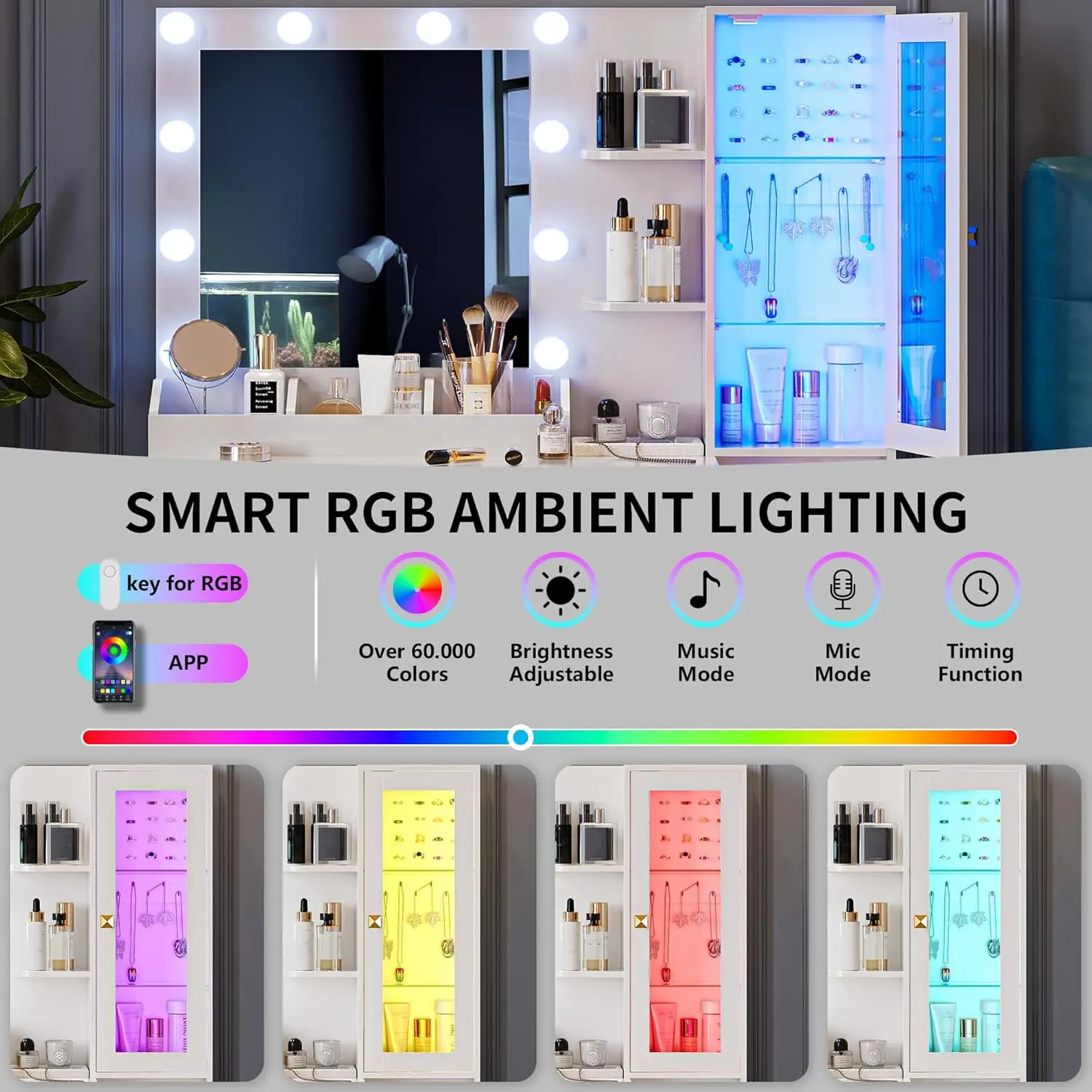 مكتب فانيتي مع مرآة وأضواء، طقم طاولة مكياج مع 5 أدراج تخزين، مخرج طاقة وكرسي، أبيض