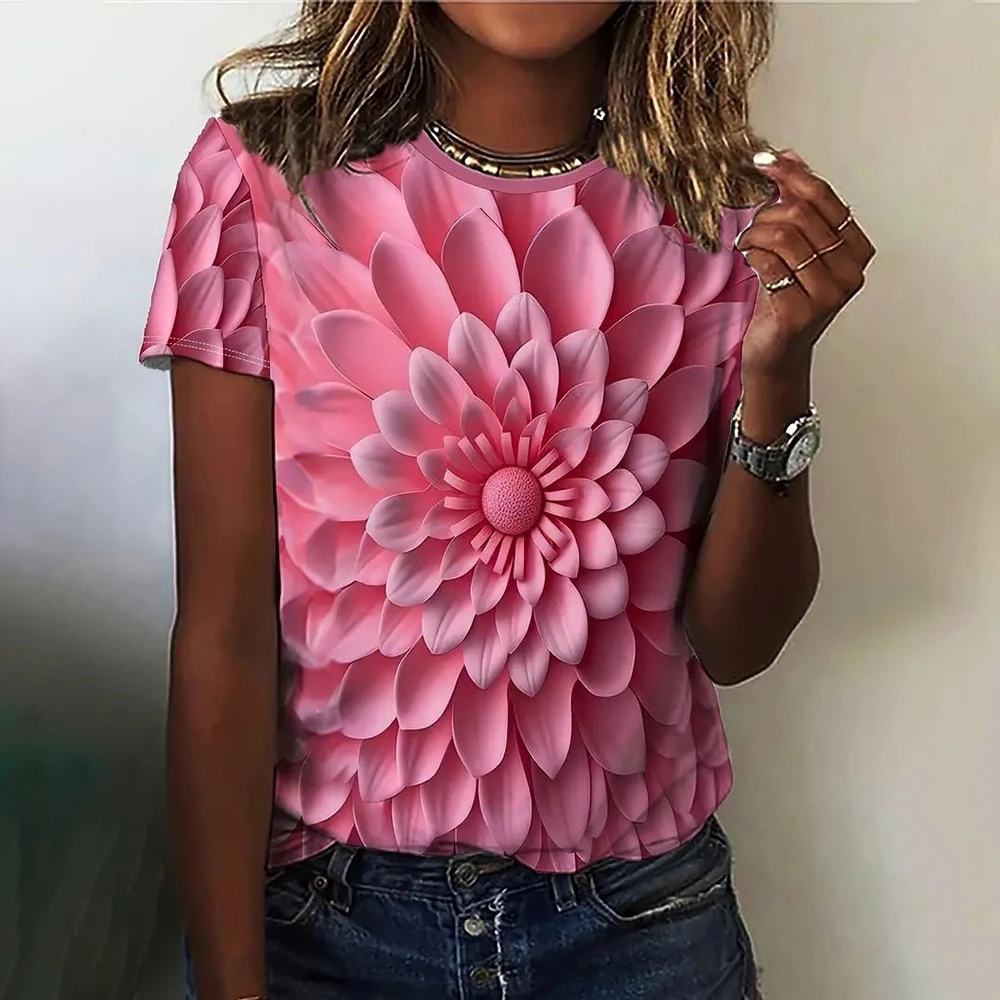 

Fashion 3D Floral Print T-Shirt, high quality Summer Short Sleeve T-Shirt Casual Round Neck Loose Short Girls' Top