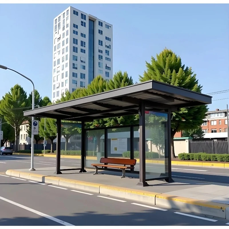 Modern Galvanized Steel Bus Shelter Passenger Information System with Digital Display and LED Lighting for City Transit.