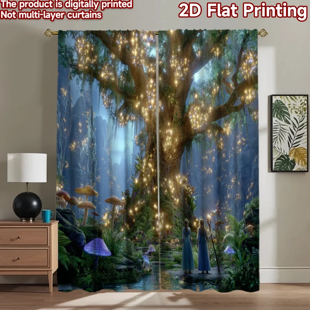 2D flat printing 2pcs Curtain Enchanted Forest Fantasy Creatures River Digital Printed Polyester Drapes Birthday Party Perfect