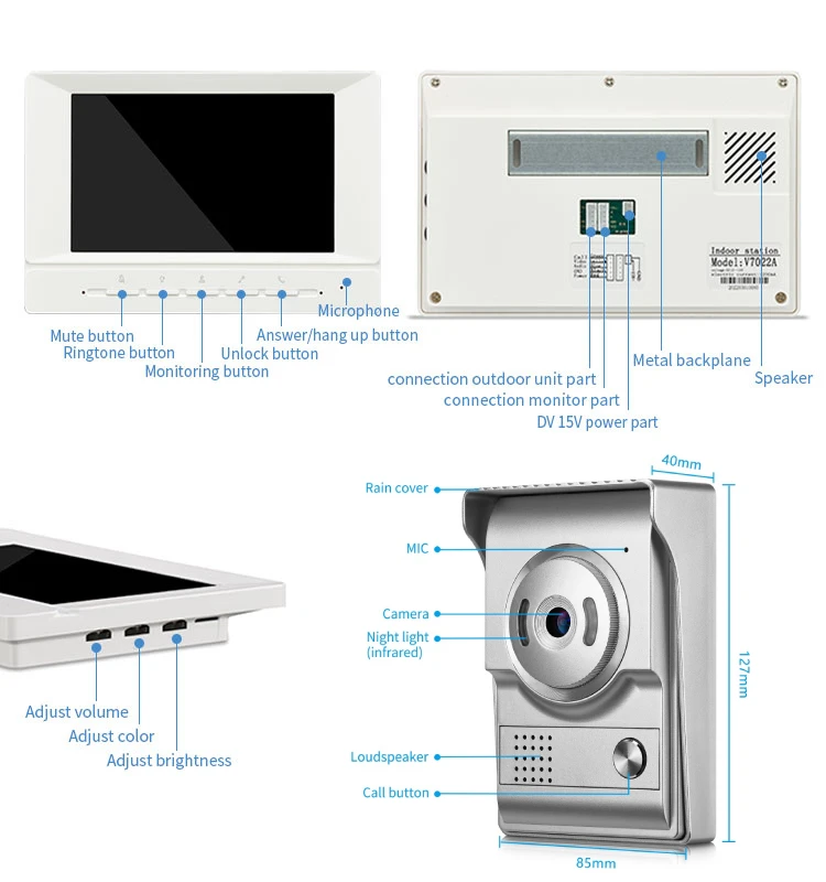 Timbre intercomunicador de vídeo de 7 pulgadas, cámara gran angular de 1000TVL, soporte de teléfono para puerta, videollamada con una tecla para