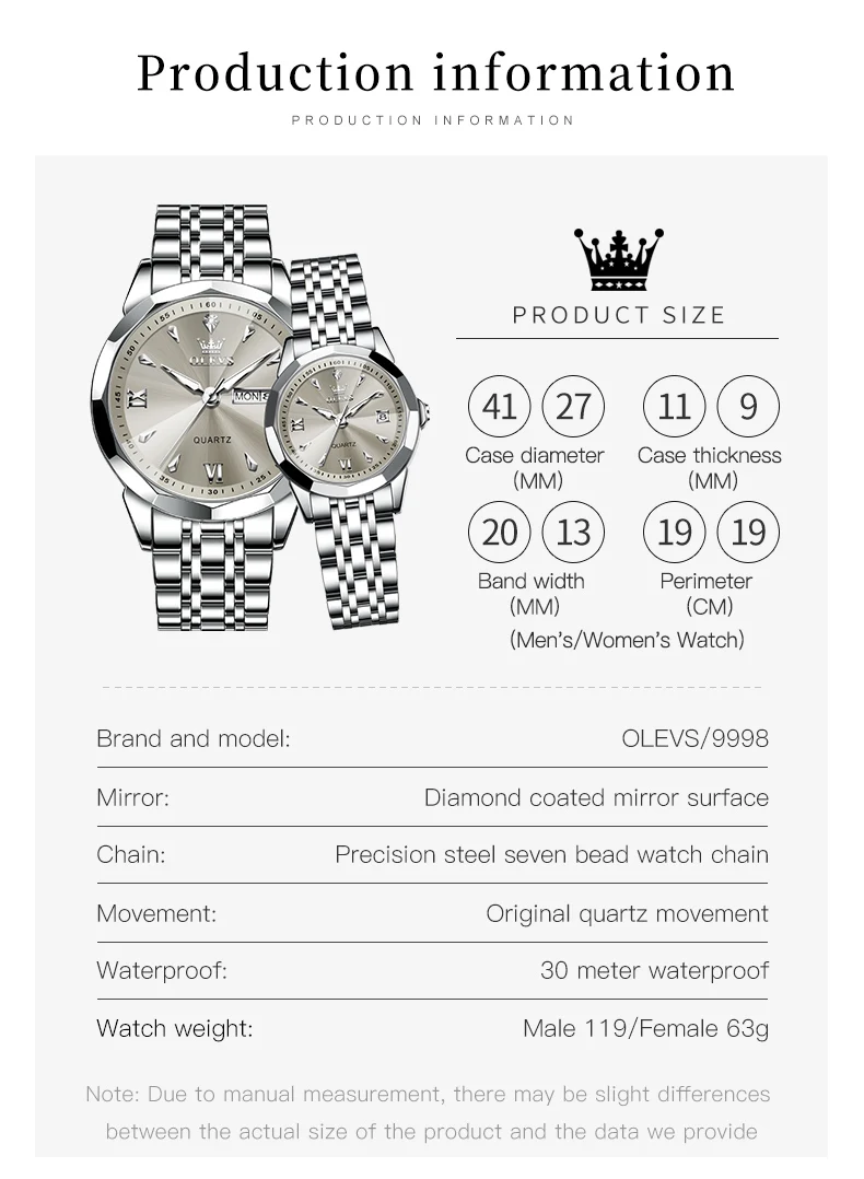 ساعات OLEVS للزوجين كاجوال من الفولاذ المقاوم للصدأ كوارتز أصلية مقاومة للماء بتقويم مضيء للرجال والنساء