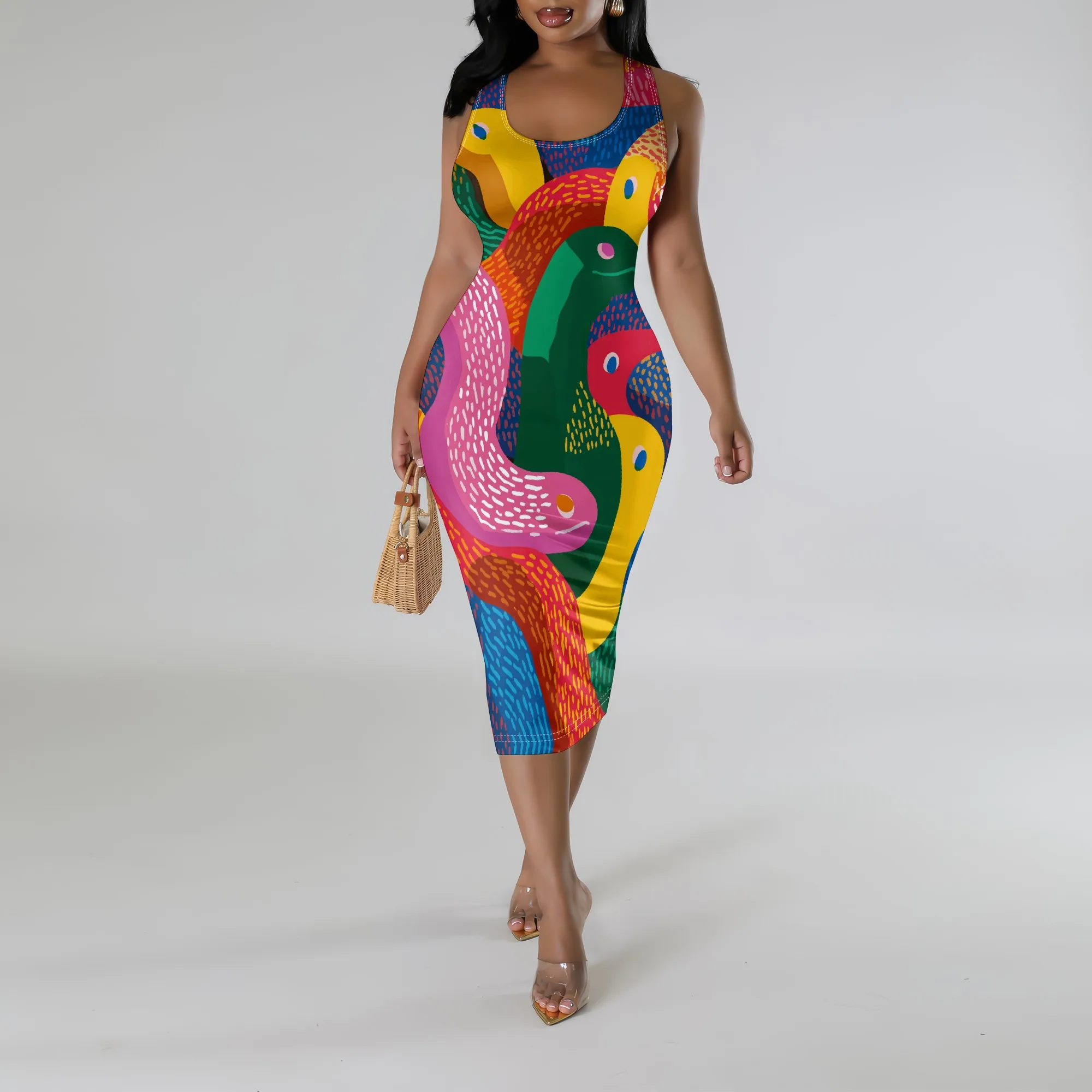 

Women's Colorful Abstract Print Midi Dress | Sleeveless Scoop Neck Bodycon Dress | Fun Summer Party & Vacation Outfit XS-3XL