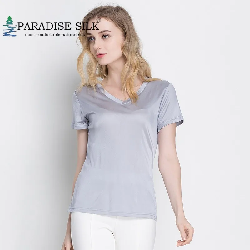 

Women Clothes T Shirt 100% Silk Knit V Neck Basic Shirt Short Sleeves Vest Top Size M L XL XXL