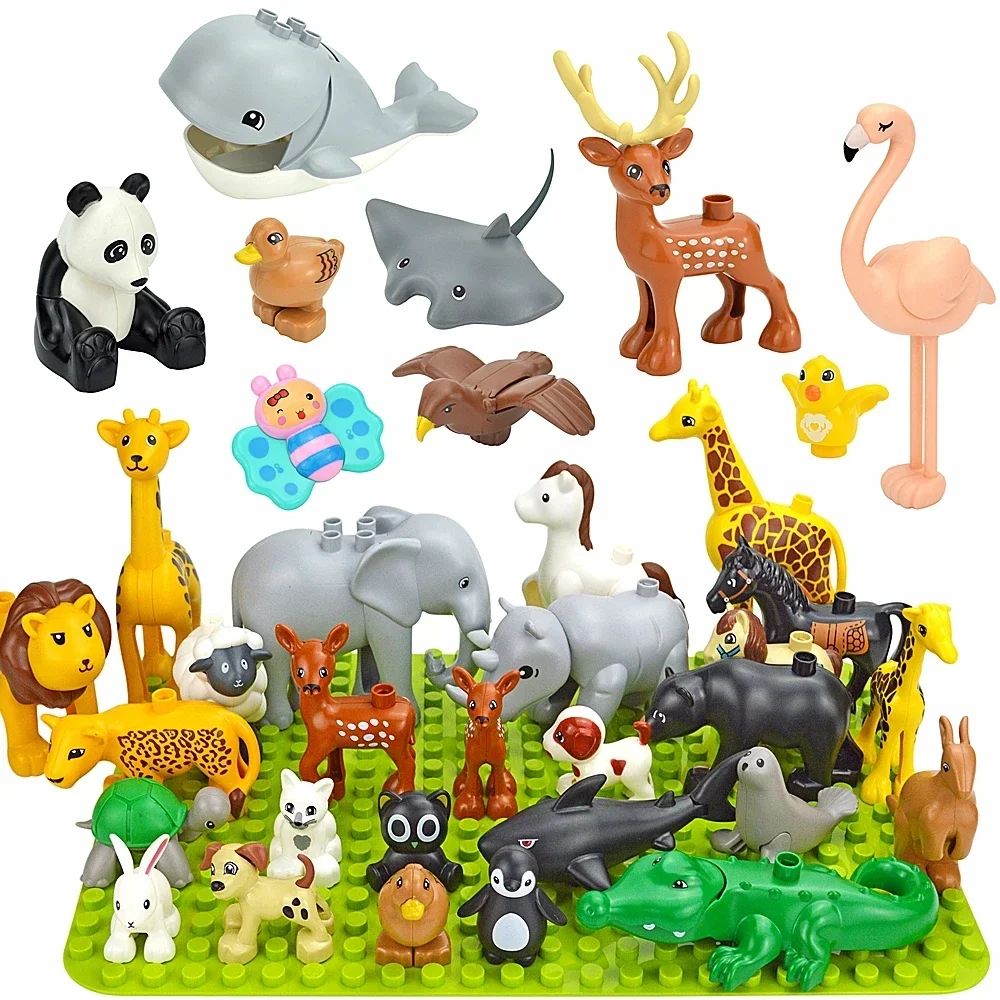 Bloques de construcción de animales de granja de gran tamaño, partícula, zoológico, pez, perro, ciervo, León, ballena, dinosaurio, Compatible con