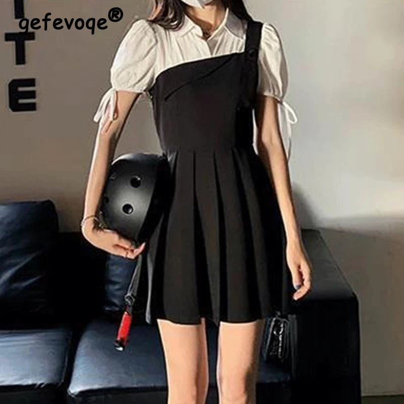 Sweet Preppy Style Lace Up High Waist Kawaii Pleated Dresses for Women 2024 Summer Casual Patchwork Short Sleeve Slim Mini Dress