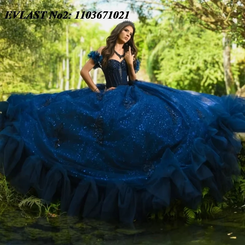 فستان Quinceanera مخصص للأميرة باللون الأزرق الداكن من EVLAST فستان حفلة لامع مزين بالخرز متدرج حلو 16 فيستدوس دي 15 أنوس E2Q25