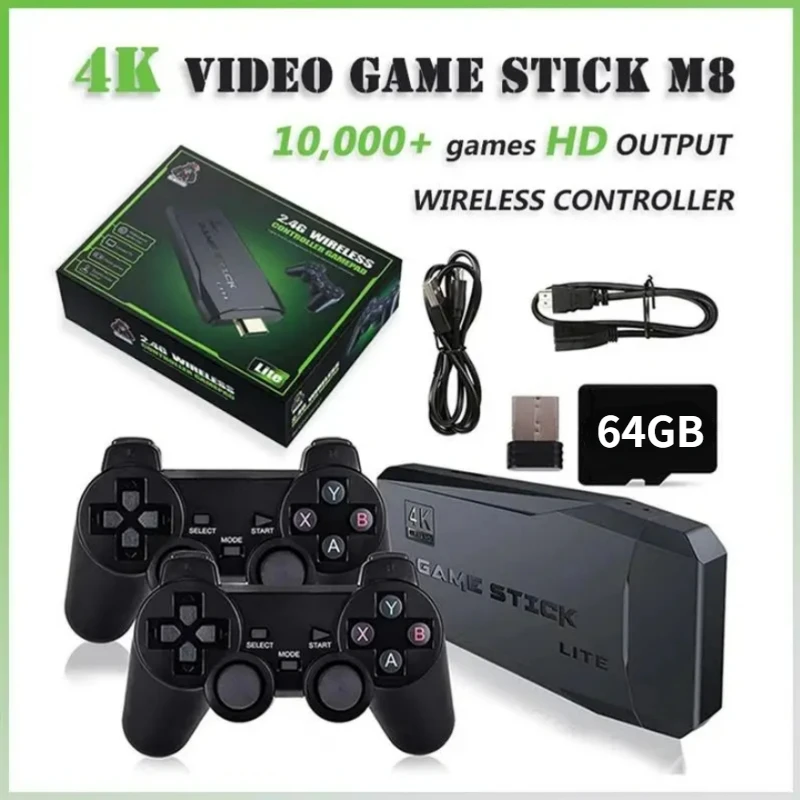 

Video Game Sticks M8 Console 2.4G Dual Wireless Controller Game Stick 4K 10000 games 64GB Retro game For Dropshiopping Xmas Gift