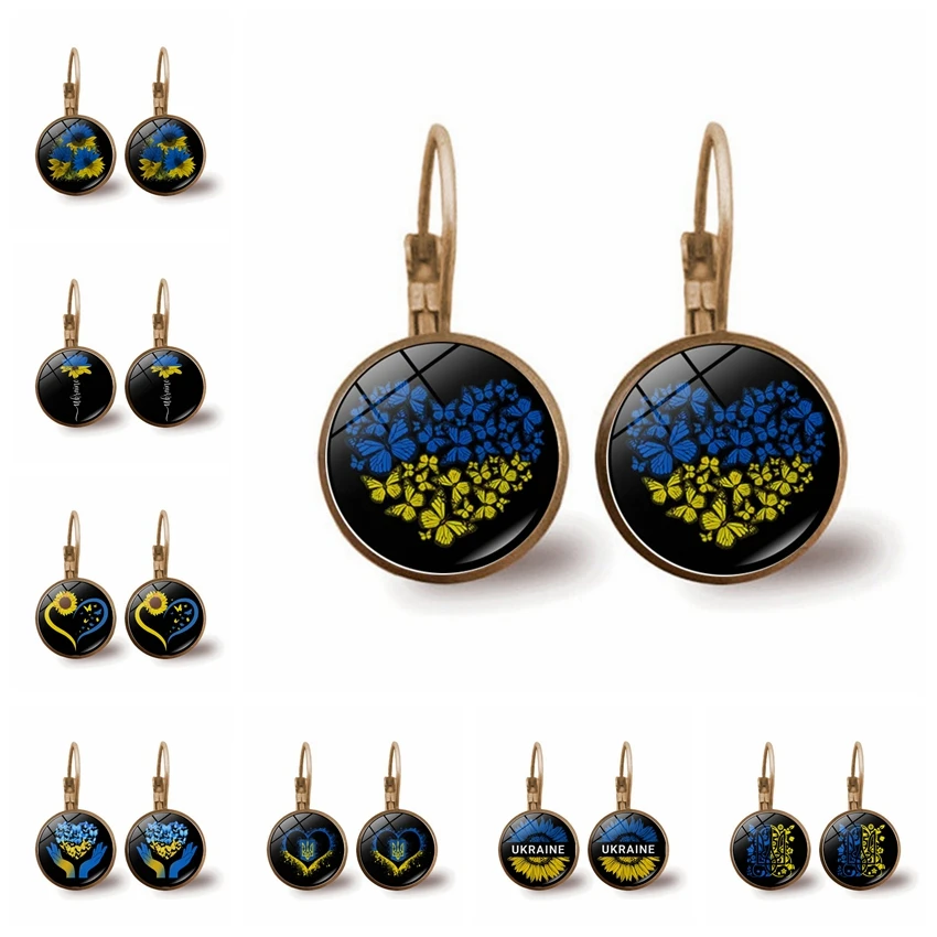 Popular Jewelry Glass Pendant Alloy Earrings Ukrainian Pattern Earrings Retro Versatile Yellow Blue Sunflower Butterfly Gifts