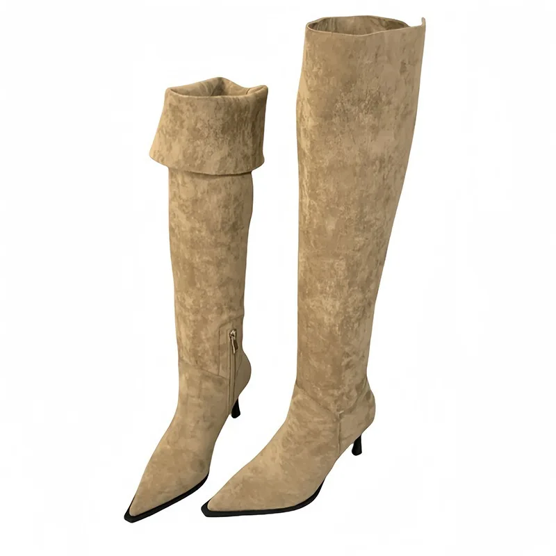 

Pointed Toe High Heel Over-the-Knee Boots for Women 2025 New French Style Khaki Stiletto Pleated Slouch Boots Riding Boots