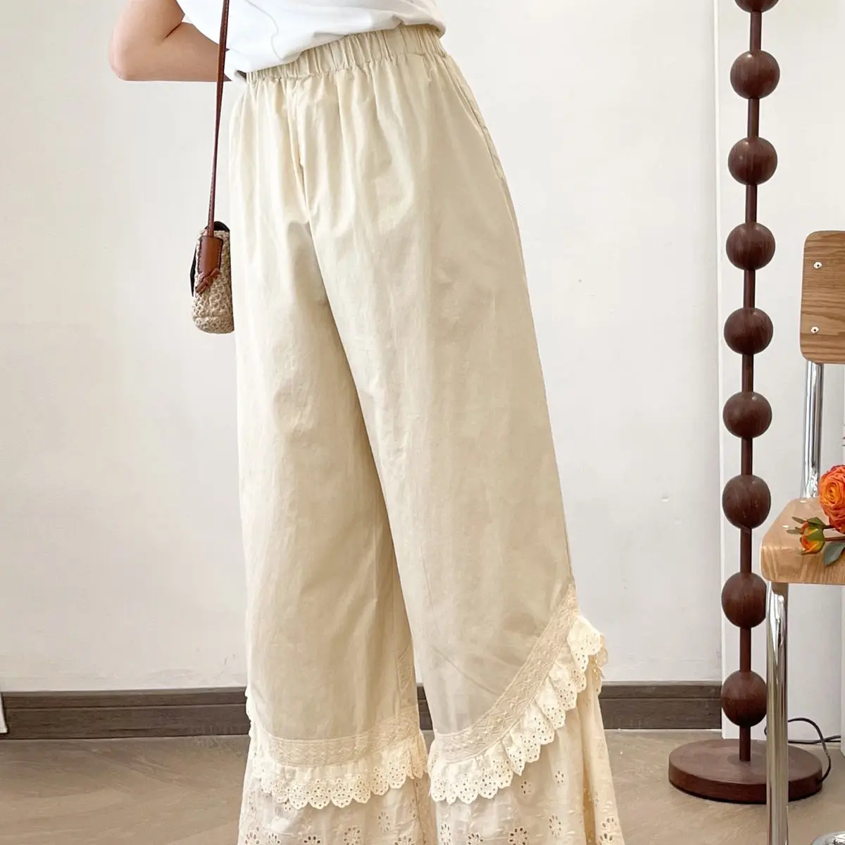 Small Bell-Bottom Pants Lace Webbing Double-Layer Lace Casual Embroidered Forest Sweet High-Waisted Wide-Leg Pants For Women