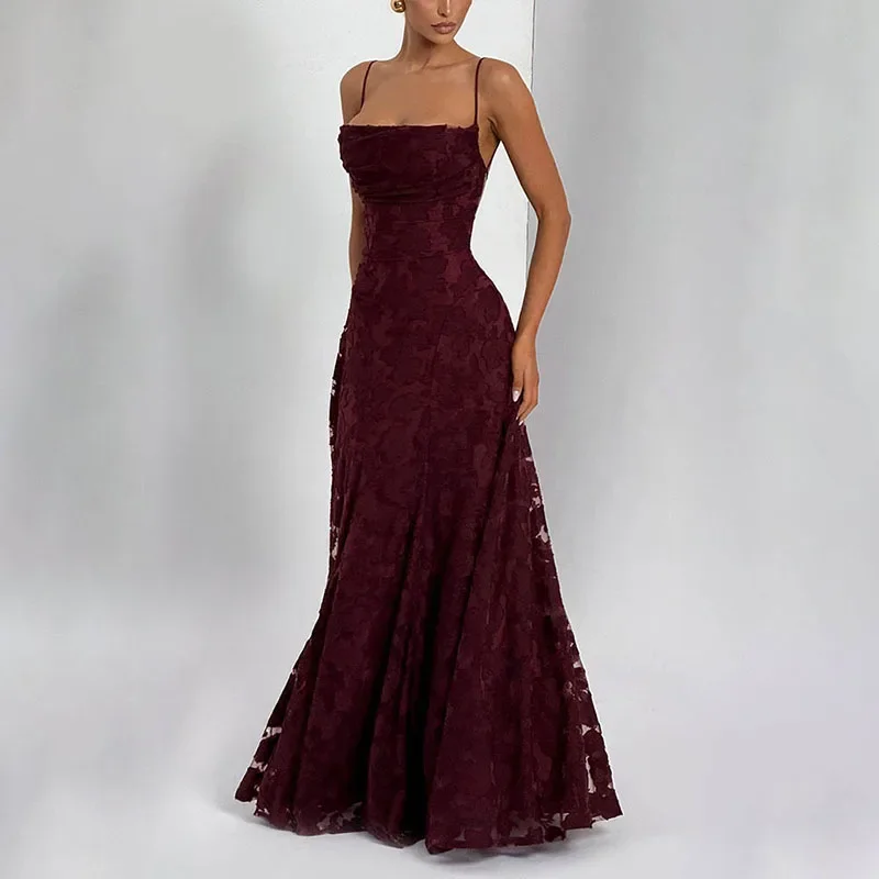 2025 Nuovo vestito da partito sexy con lacci senza schienale Donna Moda Jacquard all'uncinetto Abiti lunghi in pizzo Abito estivo elegante senza maniche Boho