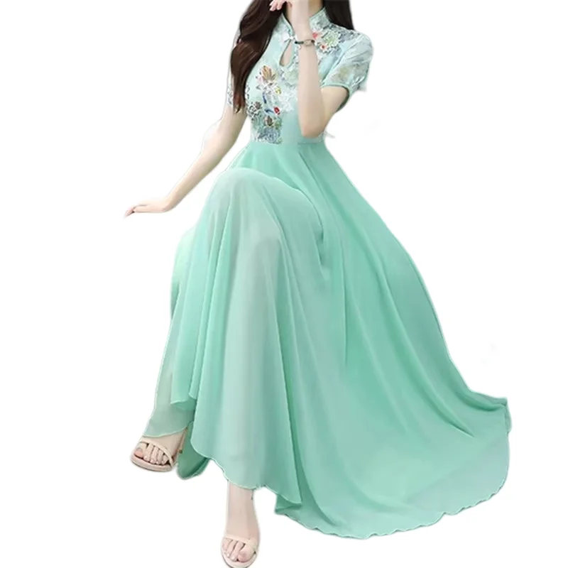 Loose New Summer Beach Maxi Dress for Women Fashion Casual O-Neck Short Sleeve Female Elegant Print Chiffon Party Dress Vestidos