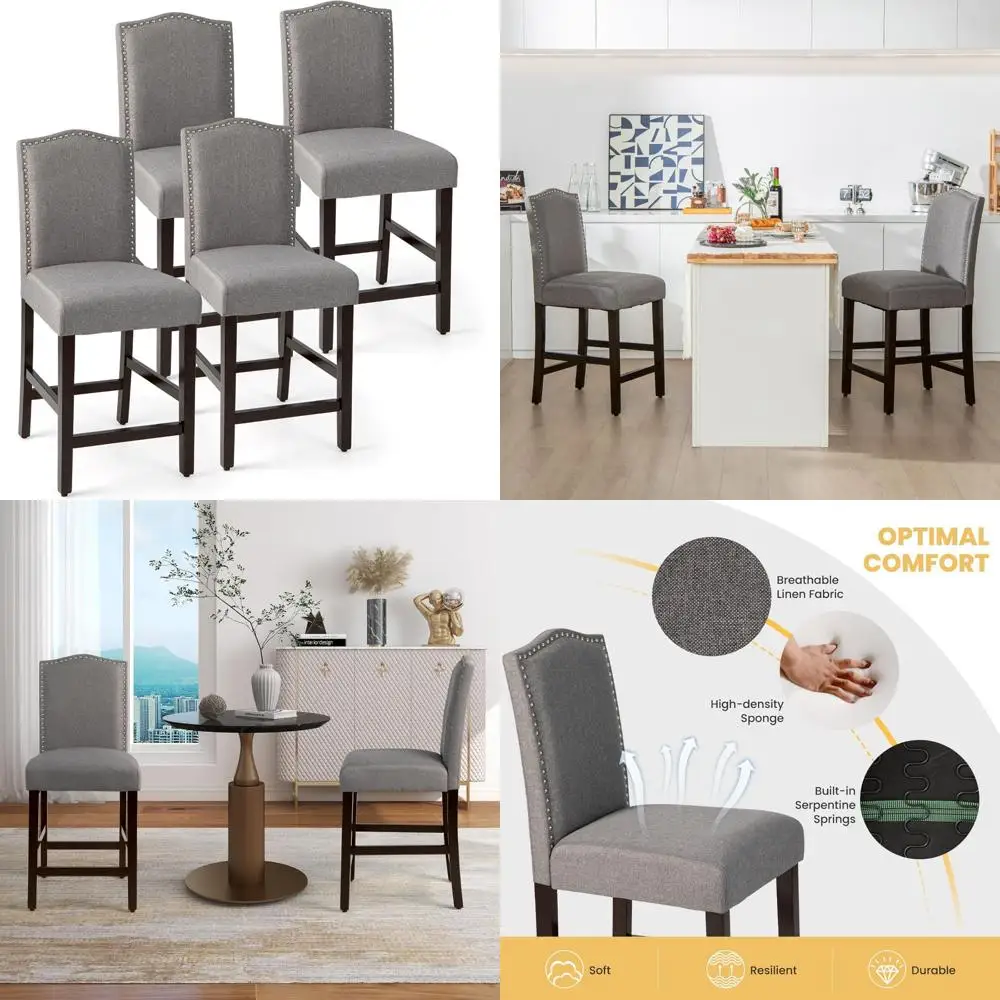 

Set of 4 Linen-Covered Counter Height Bar Stools with Rubberwood Legs, 25" Kitchen Island Chairs