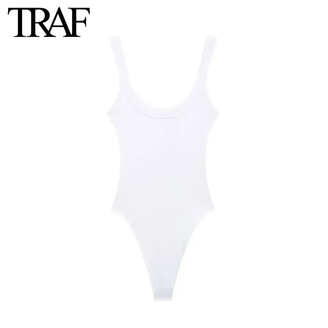 TRAF Women Fashion Summer New White Solid Color Ribbed Sling Round Neck Sexy Tights Jumpsuit Chic Female Bustier Tops Mujer