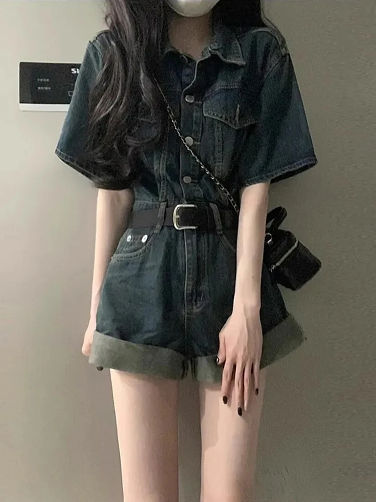 Denim-Einteiler mit hoher Taille für Damen, Sommer 2025, neues Vintage-Set, lockeres Gefühl, Ort-Hosen, lässige Taillen-Jeans mit weitem Bein