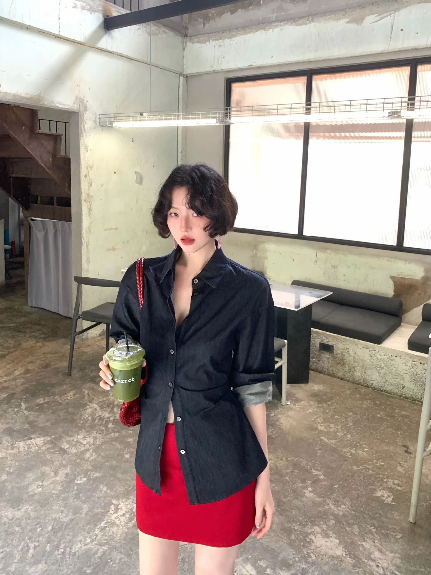 

New Arrival Women's Vintage Cotton Shirt Waist-Cinching Denim-Look Top Breathable Flip-Collar Nine-Quarter Sleeve Casual Shirt