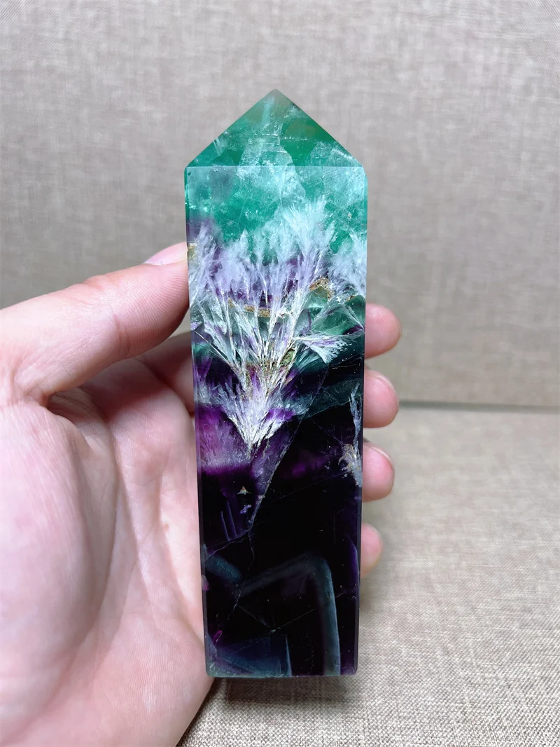 

Natural Snowflake Fluorite Tower Free Form With Rain Bow Carving Reiki Healing Stone Home Decoration Exquisite Gift