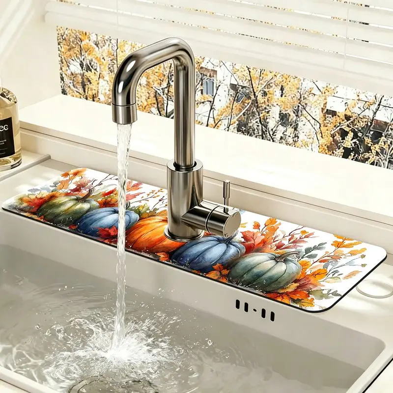 VIKAMA Fall Pumpkin Maple Leaf Faucet Mat Blue Green Print Absorbent Non Slip Sink Drainer Pad For Autumn Decor