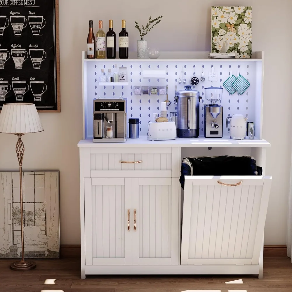 

Trash Cabinet 13 Gallon - LED Buffet Sideboard Cabinet with Storage, Coffee Bar Cabinet with Drawer, Shelf