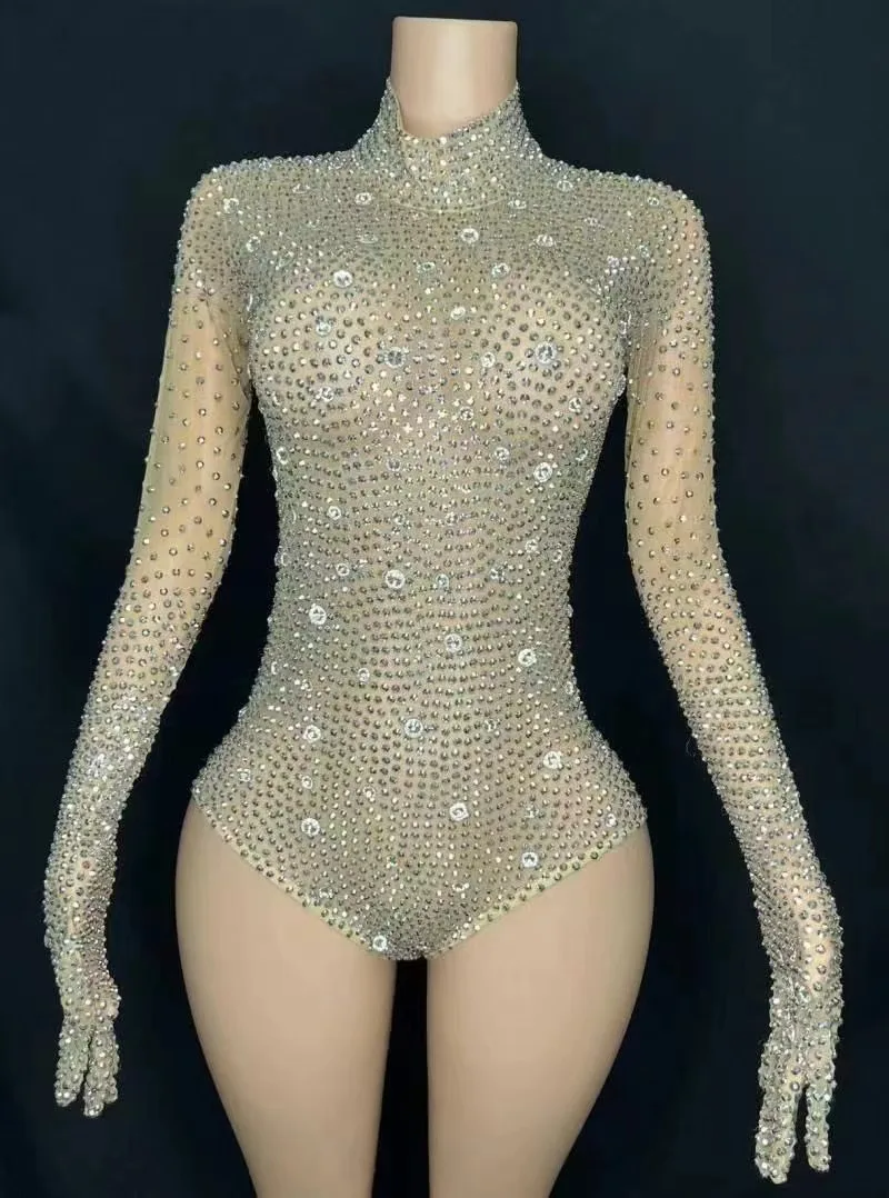 

Sparkly Silver Rhinestones Transparent Long Sleeve Bodysuit Stage Dance Birthday Celebrate Outfit Women Singer Outfit