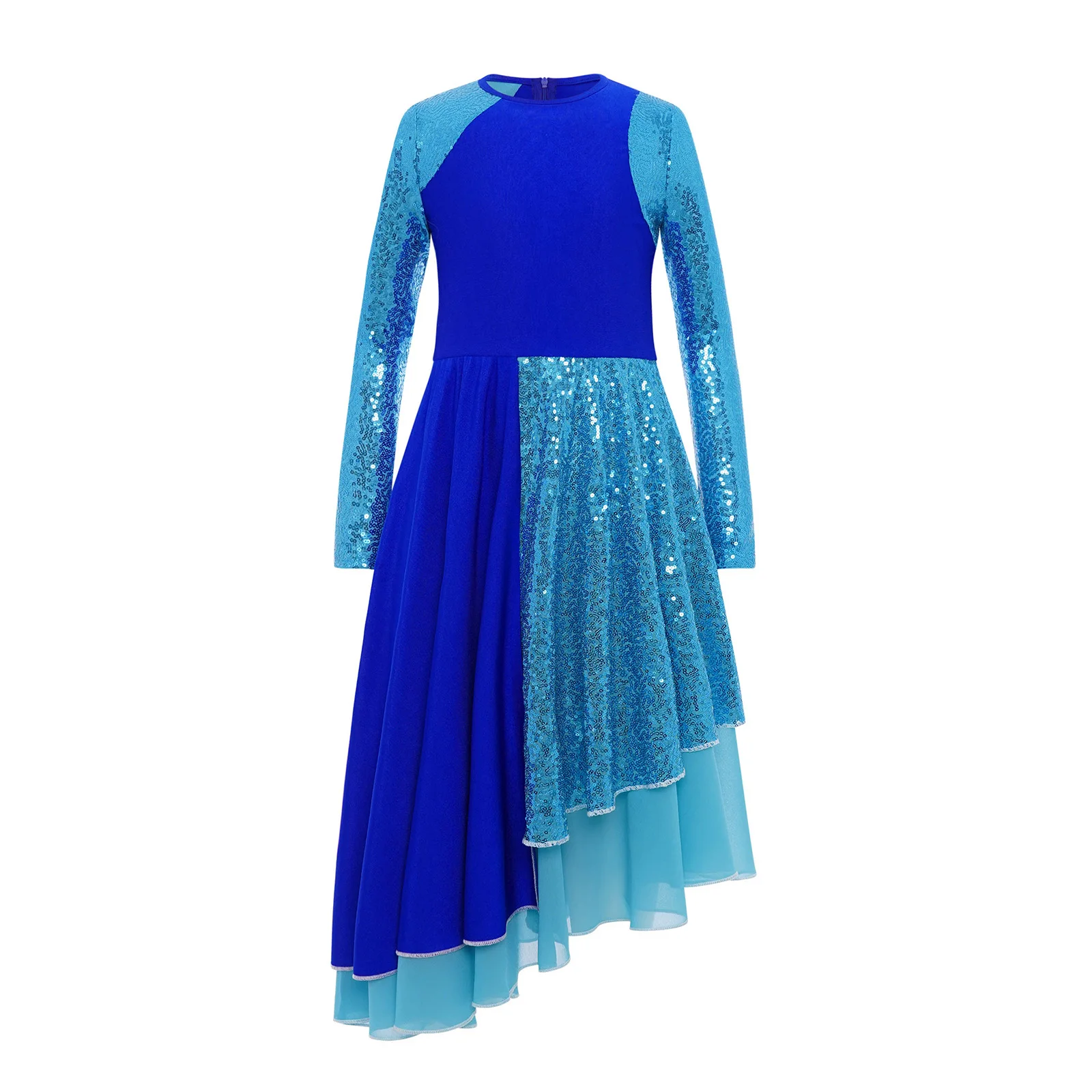 Kids Girls Liturgical Praise Dance Costume Lyrical Dance Dress Long Sleeve Sequin Color Block Asymmetrical Dress Worship Robe