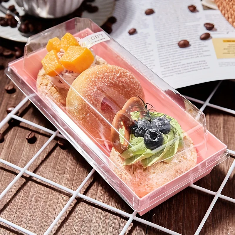 50pcs Baking Rectangular Paper And Plastic Box, For Rolled Cake, Sandwiches, Bacon, Scallops, Disposable Pastry Packaging Box Wi