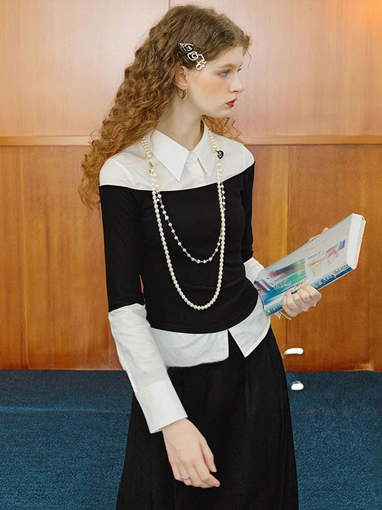 

Ретро-рубашка с цветными блоками и воротником, имитация двухслойности, с длинным рукавом, женская, универсальная, весна 2026, дышащая, комфортная, повседневная