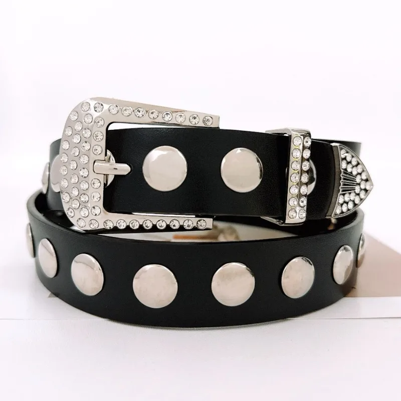 

Y2K Women Fashion Solid Print Studded Full Rhinestone Belt PU Leather Bling Crystal Adjustable Glitter Waistband for Club Party