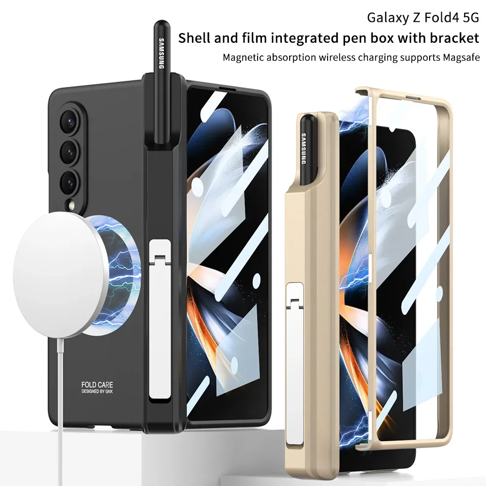 

For Samsung Galaxy Z Fold 5 4 3 Case Magsafe Wireless Charging Magnetic Hinge Pen Holder Stand With Film Cover For Z Fold5 Fold4