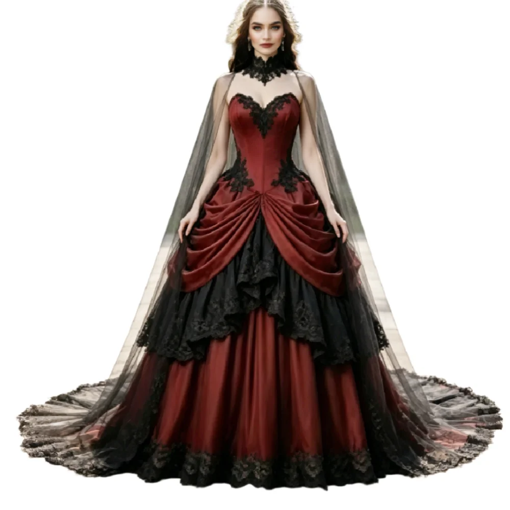 Gothic Burgundy Black Wedding Dress 2026 Ball Gown Ruffles Multi Layer Renaissance Cosplay Halloween Bridal Gown Vampire Celtic