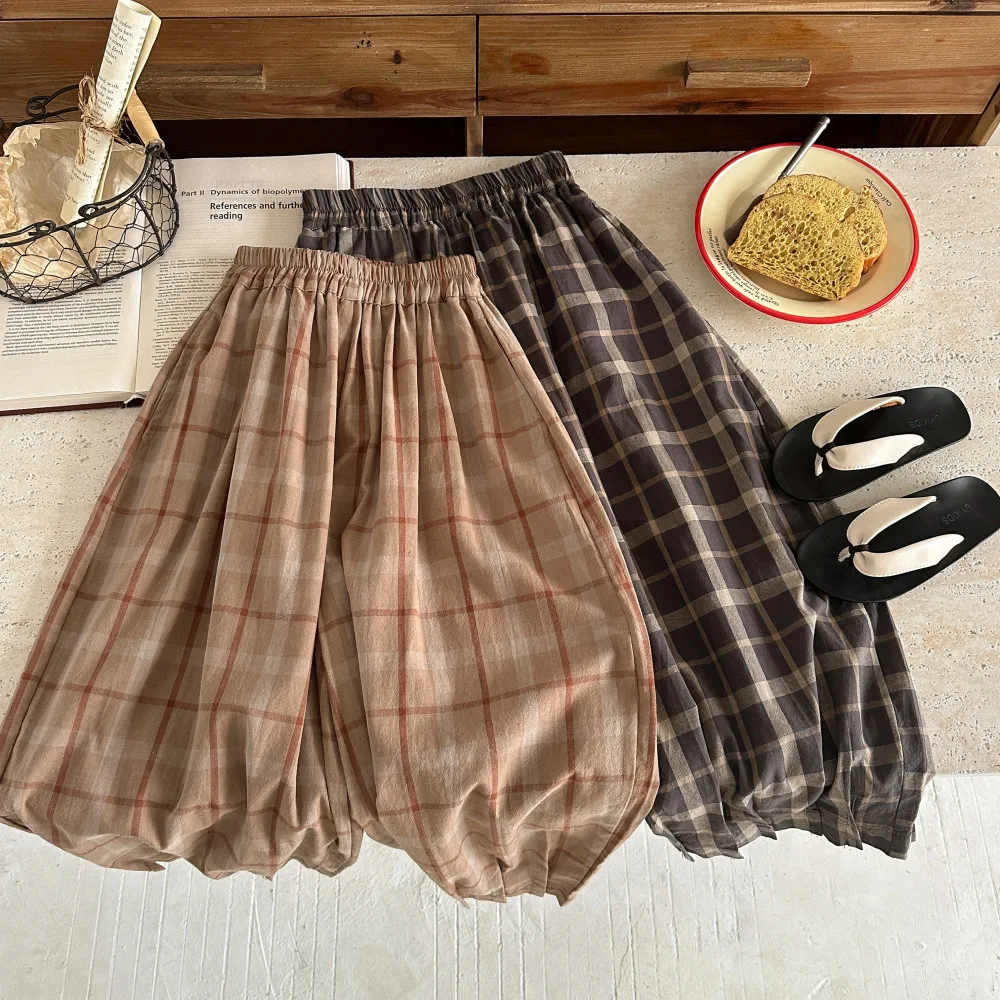 

Children's pants 2025 summer boys and girls casual plaid bloomers children's loose version radish closed pleated pants